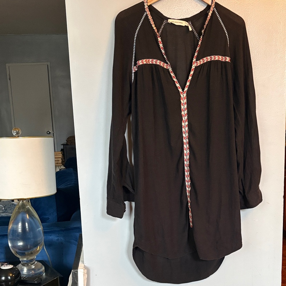 Isabel Marant Black Long-Sleeve Tunic Dress with Embroidered Trim